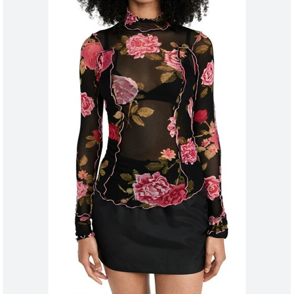 Free People Top Black Charlie Mesh Ruffle Long Sleeve Sold Out At Revolve sz XL - Picture 4 of 6